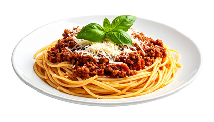 Delicious spaghetti Bolognese topped with grated cheese and a fresh basil leaf, served on a white plate isolated on solid white background in Png