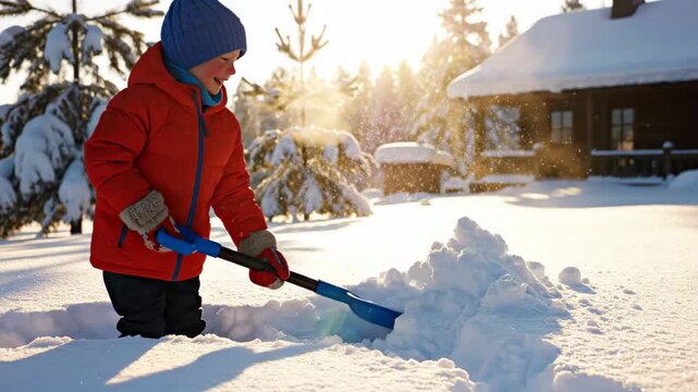 Young boy shoveling deep snow in yard on sunny winter day. Child helping with outdoor chores in cold, snowy landscape with cabin in background