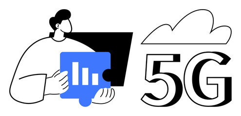 Person holding a graph puzzle piece with a 5G cloud icon, representing data analysis, fast internet, and innovation. Ideal for technology, connectivity, speed, cloud computing, data analytics