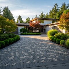 Fototapeta premium Modern Home Exterior with Elegant Driveway and Landscaping.