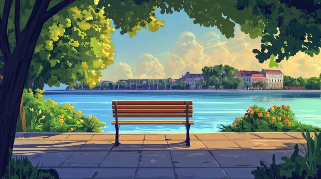 A view of a bench with a wide canal and city buildings. 4K animated video