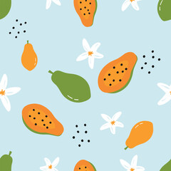 Papaya seamless pattern on soft sky blue, whole fruits and orange halves with black seeds and white tropical flowers, playful summer vector repeat for fabric, wrapping and kitchen decor.