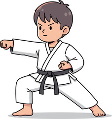 Young boy practicing karate punch in martial arts uniform