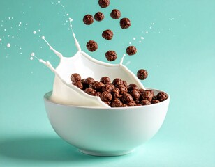 Spilled milk splashing into a bowl of chocolate cereal against a teal-green background, creating a dynamic, fresh breakfast scene with rich textures and vibrant contrast