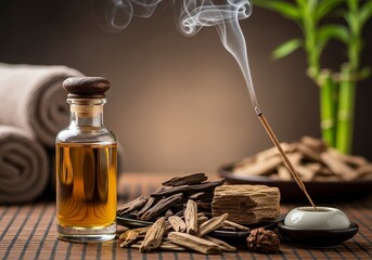 Agarwood Fragrance Oil in Glass Bottle with Wood Chips, Aromatherapy, Incense, and Traditional Aroma for Relaxation and Wellness, Blurred Spa Background