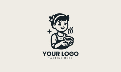 Cheerful black vector logo illustration of a happy cartoon girl holding a steaming cup of coffee creating a friendly cafe symbol