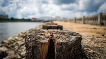 Close-up of a weathered wooden log with a deep crack, overlooking a river and a distant bridge under a cloudy sky