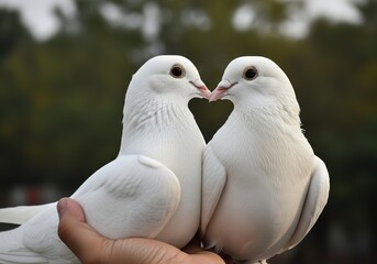 Fototapeta premium Cropped Shot of Hand Holding Two White Pigeons, Close-up of Beautiful Birds, Symbol of Peace and Love, Blurred Outdoor Background