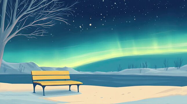 A view of a bench with the aurora borealis at night. 4K animated video