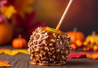 Delicious Caramel Apple with Pecans, Sweet Fall Treat for Festivals and Halloween Parties, Autumn Dessert Concept, Blurred Fall Background