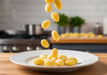 Dynamic Shot of Fresh Potato Gnocchi Falling onto a Plate, Delicious Italian Pasta Concept, Blurred Kitchen Background