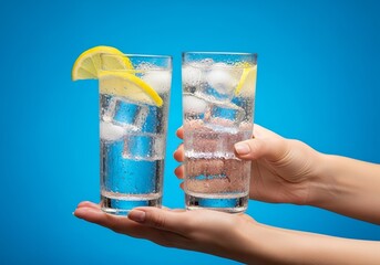 Female Hands Holding Glasses of Cold Water on Blue Background, Refreshing Drink Concept, Hydration and Wellness