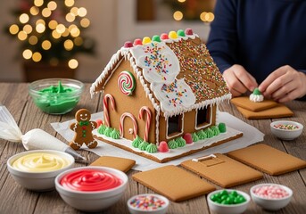 Gingerbread Cookie House in Progress, Decorated with Colorful Icing and Sprinkles, Showcasing a Delightful Festive Atmosphere and Creative Baking Process, Blurred Holiday Background