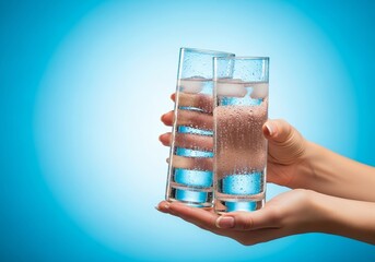 Female Hands Holding Glasses of Cold Water on Blue Background, Refreshing Drink Concept, Hydration and Wellness