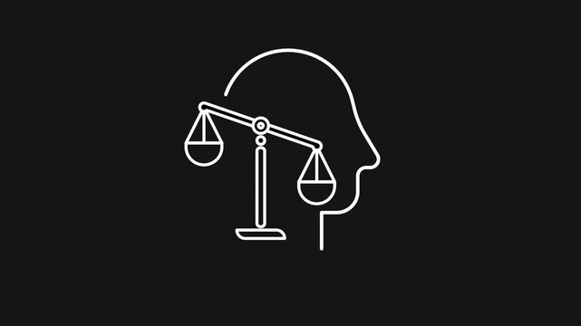 Animated white line icon on dark background of human mind balancing ethical decisions. Moral judgment, right vs wrong, conscience and law concept. Useful for psychology, ethics, justice visuals.