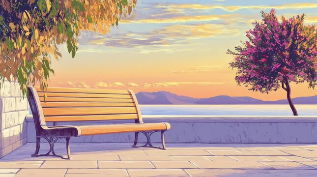 A view of a bench with coastal waters at dusk. 4K animated video