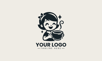 Cheerful black vector logo illustration of a happy cartoon girl holding a steaming cup of coffee creating a friendly cafe symbol