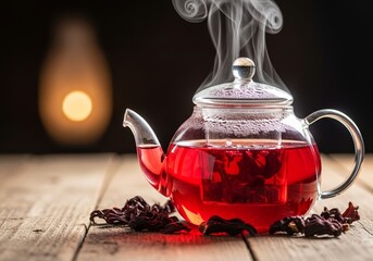 Hibiscus Tea Delight A Steaming Glass Teapot Filled with Vibrant, Ruby-Red Hibiscus Tea, Inviting You into a World of Flavor and Tranquility, On a Rustic Wooden Surface, Tea and Relaxation Concept