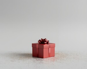 Minimalist red Christmas gift box with shiny ribbon on a clean white background sprinkled with golden glitter. Elegant and modern holiday concept.