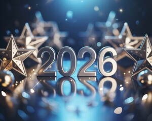 Elegant silver 2026 New Year celebration with glowing stars and blue festive lights. Perfect for New Year greetings and holiday designs.