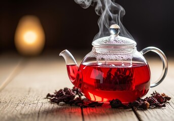 Hibiscus Tea Delight A Steaming Glass Teapot Filled with Vibrant, Ruby-Red Hibiscus Tea, Inviting You into a World of Flavor and Tranquility, On a Rustic Wooden Surface, Tea and Relaxation Concept