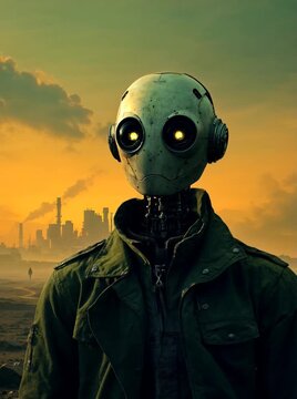 Cybernetic Sentinel: A futuristic cyborg, set against an industrial backdrop, exudes a sense of silent vigilance and mechanical sentience.