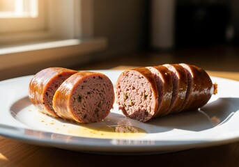 Juicy Sausage Cut Open on White Plate, Close-up Food Photography with Natural Daylight, Savory Meal Concept, Blurred Kitchen Background