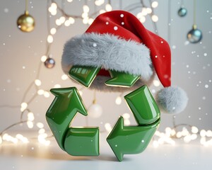 A 3D glossy green recycle symbol wearing a Santa hat, symbolizing eco-friendly Christmas and sustainable holiday celebrations.