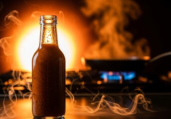 Medium Shot of a Smoky Craft Hot Sauce Bottle with Rich Amber Color, Sharply in Focus, Blurred Fiery Kitchen Background Accentuating the Sauce's Deep Flavor Profile, Culinary Spice Concept