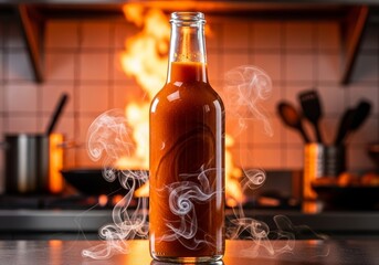Medium Shot of a Smoky Craft Hot Sauce Bottle with Rich Amber Color, Sharply in Focus, Blurred Fiery Kitchen Background Accentuating the Sauce's Deep Flavor Profile, Culinary Spice Concept