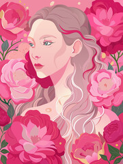 Elegant Woman Portrait Surrounded by Pink Flowers in Watercolor Style