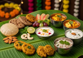 Navratri Upwas Thali Fasting Food Platter on Banana Leaf Background, Traditional Indian Fasting Meal, Spiritual and Cultural Cuisine Concept, Blurred Festival Background