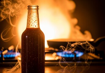 Medium Shot of a Smoky Craft Hot Sauce Bottle with Rich Amber Color, Sharply in Focus, Blurred Fiery Kitchen Background Accentuating the Sauce's Deep Flavor Profile, Culinary Spice Concept