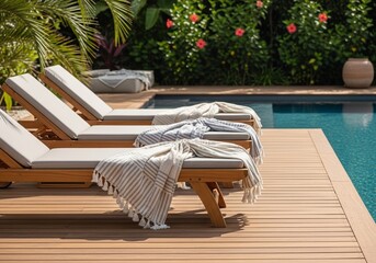 Serene Outdoor Oasis Featuring a Poolside Deck Adorned with Three Wooden Sun Loungers Draped in Soft, Neutral-Hued Linens and Striped Tassel Blankets, Relaxation and Leisure Concept, Blurred Tropical 