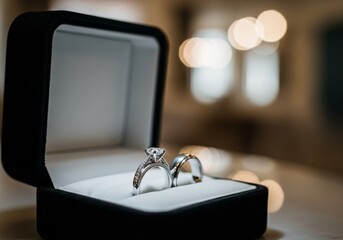 Two Beautiful Wedding Rings in a Storage Box, Symbolizing Love and Commitment, Jewelry and Romance Concept, Blurred Elegant Background