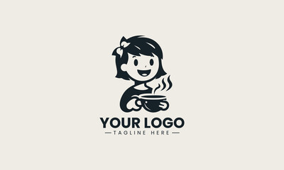Cheerful black vector logo illustration of a happy cartoon girl holding a steaming cup of coffee creating a friendly cafe symbol