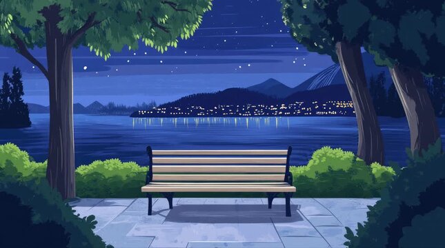 A view of a bench with a lake at night. 4K animated video
