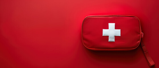 Fototapeta premium Minimalist photo of a small red first aid kit with a white medical cross, placed on a clean red backdrop.