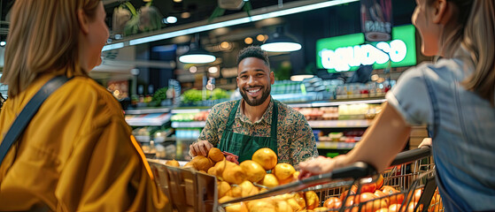 Friendly interaction between a supermarket staff member and customers during shopping, surrounded by fresh produce and packed groceries.