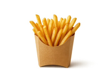 Golden french fries in a brown paper carton, representing fast food, snack and takeaway concepts on transparent background