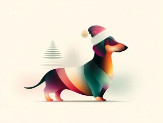 Dachshund dog dressed in pullover and hat of Santa, long body in winter sweater, festive and cheerful, cartoon