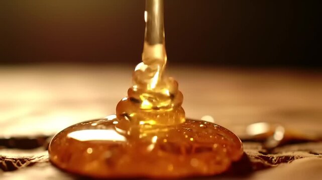 Extreme Close-Up Macro Shot of Golden Viscous Liquid Pouring Slowly onto a Textured Surface