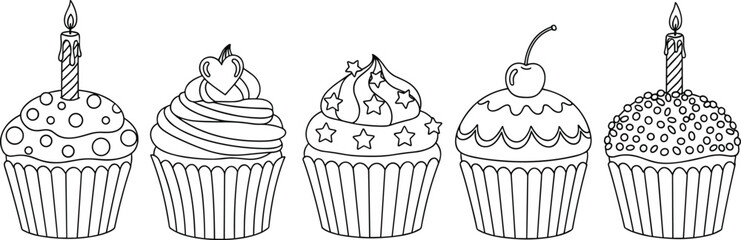 Cupcake illustration set, black and white sketch, candle, cherry, frosting swirl, decorative toppings, hand-drawn outline, coloring page