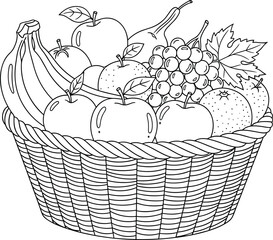 Fruit basket illustration, black and white sketch, bananas, apples, grapes, pear, orange, hand-drawn outline, coloring page