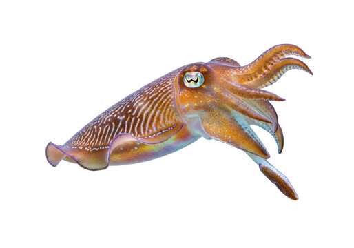 Isolated Striking Cuttlefish with Iridescent Colors Swimming Underwater in Ocean Habitat