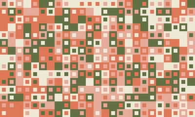 Abstract geometric background of muted coral, olive green, and cream squares.  Modern, pixelated design ideal for website banners, presentations, or textile prints.