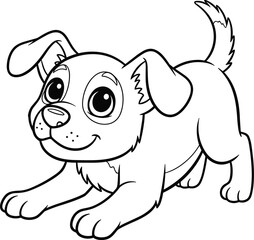 Playful puppy illustration, black and white sketch, cartoon dog, smiling face, wagging tail, hand-drawn outline, coloring page