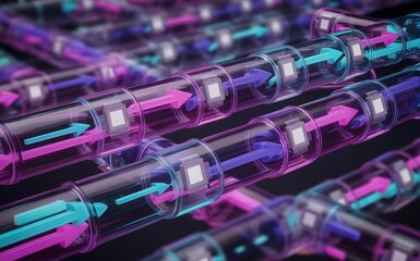 Futuristic 3D AI Workflow Pipeline with Glowing Cylinders, Pulsing Data Flow, Neon Arrows, and Intelligent Processing Nodes Visualization