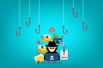 Hacker in front of his computer committing digital cybercrime	
