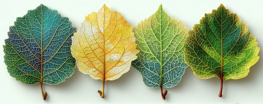 Colorful leaf texture with four autumn leaves in a row for nature and design projects